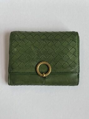 BOTTEGA VENETA olive green Intrecciato weave gold ring compact wallet